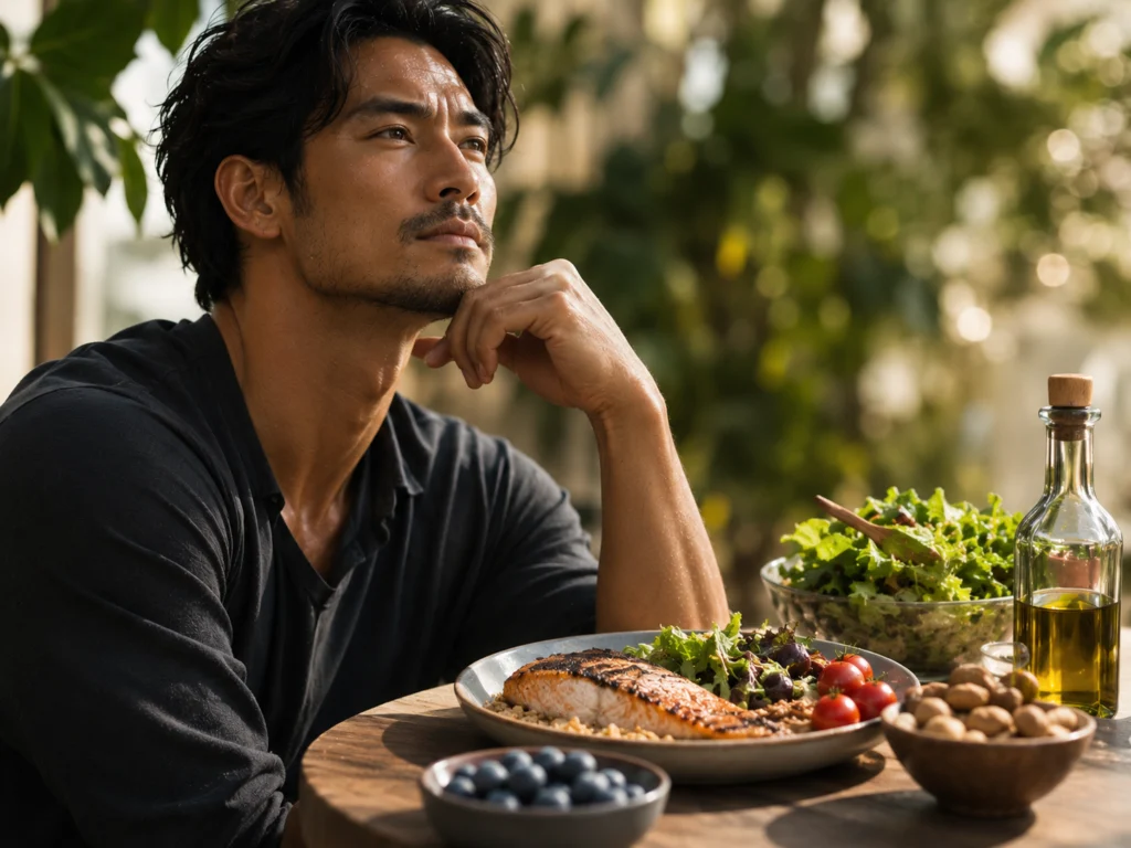 魚料理や野菜を並べた食卓につく男性