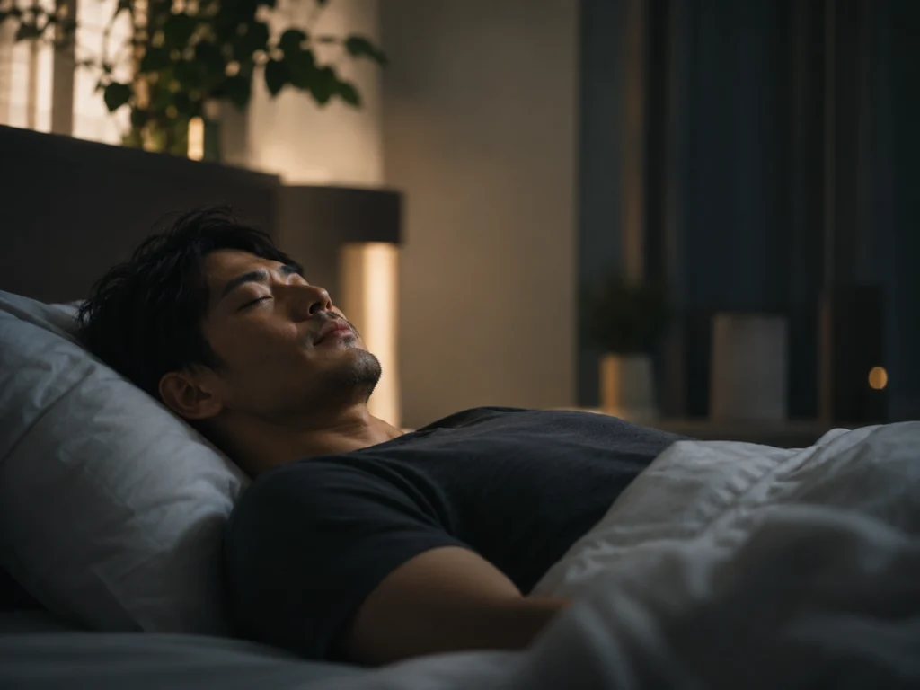 ベッドで目を閉じて横になる男性